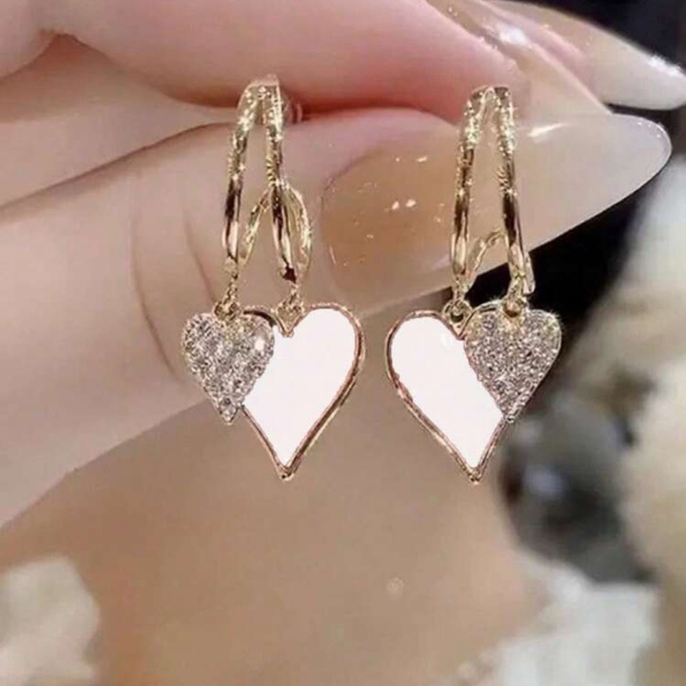 Elegant Gold, White, and Silver Heart Dangle Earrings